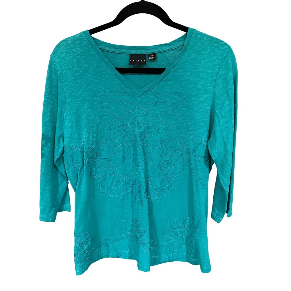 !! SOLD !! Tribal Teal Green Embroidered Slub Cotton 3/4 Sleeve V-Neck Top M‎